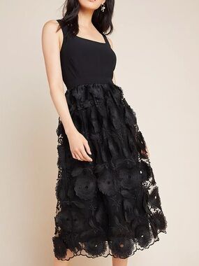 Anthropologie Floriana Lace Midi Dress Black Floral Appliqué Flower
